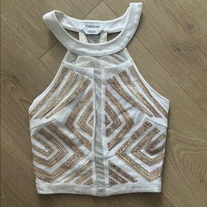Bebe White and Gold Embellished Halter Top